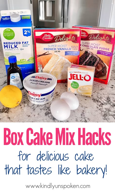 Learn how to make box cake better than a bakery cake with my 8 easy box cake hacks that will enhance all your cake mix recipes and desserts. Cake Taste Like A Bakery Cake, How To Make Box Cake Mix Extra Moist, Making Box Cake Better, Cake From Box Taste Like Bakery, How To Turn Box Cake Into Bakery Cake, Turn A Box Cake Into A Bakery Cake, Cake Box Cake Recipes, How To Make A Box Cake Mix Like A Bakery, How To Make Box Cake Mix Moist