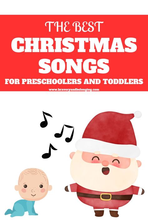 Pin text reads, The Best Christmas Songs for Preschoolers and Toddlers. Image is a graphic of Santa singing, musical notes, and a toddler. Christmas Songs For Preschoolers, Christmas Songs For Toddlers, Christmas Nursery Rhymes, Christmas Movie Night Ideas, Christmas Activities Preschool, Kids Christmas Party Games, Preschool Christmas Songs, Santa Songs, Christmas Eyfs