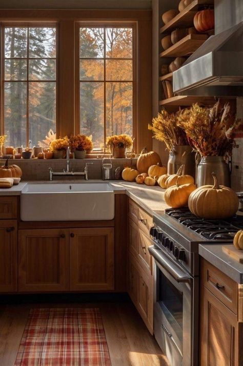 Fall Decorated Kitchen, Autumn Kitchen Aesthetic, Autumn Bloxburg, Cozy Fall Kitchen, Fall Town, Fall Kitchen Decor Ideas, Fall Living Room Ideas, Cozy Fall Living Room, Bloxburg Rooms