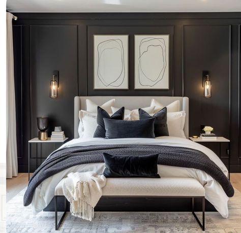 Gray Wall Bedroom, Bedroom Black Accent Wall, Black Accent Wall Bedroom, Black Bedroom Decor Ideas, Black Walls Bedroom, Condo Bedroom, Black Bedroom Decor, Homemade Gift Ideas, Sophisticated Bedroom