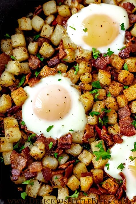 This recipe for Potato Hash with Bacon and Eggs is incredibly versatile and full of flavor. Crispy fried eggs and bacon, pillowy potatoes, and savory additions of onion and peppers makes this dish an irresistible skillet meal. It may be served for breakfast and brunch, but also lunch or dinner too, and is one of the best one pan meals. | #hash #breakfast hash #breakfast #bacon #skilletmeal Bacon Eggs Potatoes Skillet, Egg And Potato Skillet, Breakfast Potato Bowl, Red Potato Breakfast Recipes, Eggs Bacon Potatoes Breakfast, Eggs And Potatoes Recipes, Eggs And Bacon Recipes, Potato Brunch Recipes, Breakfast Hashbrowns Skillet