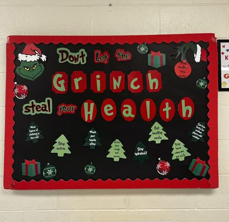 Christmas Bulletin Boards For Work, Christmas Nursing Home Decorations, Winter Bulliten Boards For School, Grinch Bulletin Board, School Nurse Office Door, School Nurse Door Decoration, Nurse Door Decorations, School Nurse Decorations, School Nurse Elementary