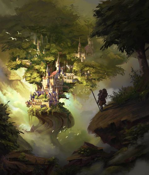 ArtStation - castle tree , chuy de leon Fantasy Treehouse, Tree Town, Fantasy Cities, Fantasy Locations, Fantasy Tree, Castle Art, My Fantasy World, Fantasy Forest, Fantasy Worlds