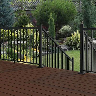 Deck Railing at Lowes.com Deck Balustrade Ideas, Dark Deck, Square Balusters, Exterior Stair Railing, Deck Railing Kits, Deck Stair Railing, Metal Deck Railing, Deck Railing Systems, Aluminum Railing Deck