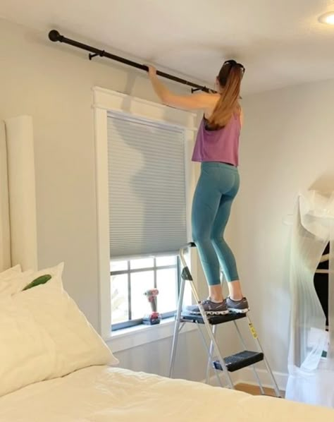 Drill Less Curtain Rods, Ikea Curtain Hack Ideas, Living Room With Drapes, Ikea Drapery Hacks, 95 Inch Curtains Living Rooms, Curtains Master Room, Window With One Curtain Panel, How To Hang Bedroom Curtains, Curtains Over Blinds Bedroom