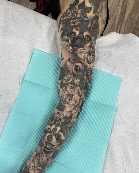 Women’s Animal Sleeve Tattoo, Wild Life Sleeve Tattoo, Forest Animal Sleeve Tattoo, Leg Sleeve Tattoo Animals, Animal Collage Tattoo Sleeve, Nature Arm Sleeve Tattoos For Women, Floral Animal Sleeve Tattoo, Woodland Leg Sleeve Tattoo, Woodland Animal Tattoo Sleeve