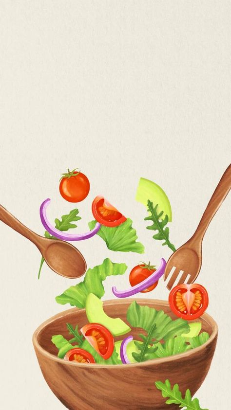 Salad Background Design, Salad Bowl Illustration, Salad Bowl Drawing, Healthy Eating Wallpaper, Healthy Food Illustration Art, Salad Doodle, Healthy Food Wallpaper, Healthy Food Drawing, Healthy Food Cartoon