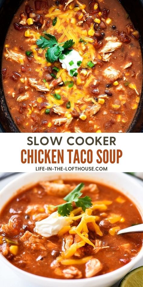 Chicken Taco Soup Crock Pot, Taco Soup Slow Cooker, Crockpot Chicken Taco Soup, Crockpot Taco Soup, Slow Cooker Chicken Taco Soup, Chicken Taco Soup Recipe, Crockpot Soups, Office Food, Slow Cooker Chicken Tacos