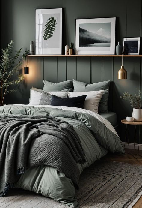 Natural Bedroom Design Ideas, Master Bedrooms Decor Cozy Sage Green, Sage Green And Charcoal Bedroom, Dark Green Bedroom Walls Ideas, Dark Grey Bed Bedroom, Sage Room Decor Aesthetic, Bedrooms With Grey Furniture, Natural Colour Bedroom Ideas, Grey Bedroom Wall Ideas