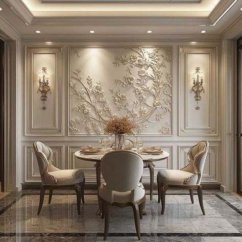 Classic Dining Room Wallpaper, Classic Wall Decoration, Wall Panel Design Dining Room, Classical Dining Room Design, Dining Wall Design Modern, Dining Room Interior Design Luxury, Pvc Panel Wall Design, Dining Wall Decor Ideas, New Classic Dining Room