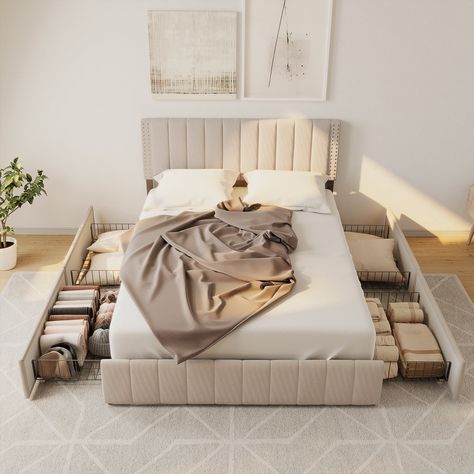 Arrives by Tue, Jan 16 Buy Aiho Bed Frame Queen with 4 Storage Drawers for Bedroom, Beige at Walmart.com Storage Bed Queen, Bed Frame With Drawers, Queen Size Platform Bed, Full Size Bed Frame, Full Bed Frame, Beige Bed, Platform Bed With Storage, Dekorasi Kamar Tidur, Queen Size Bed Frames