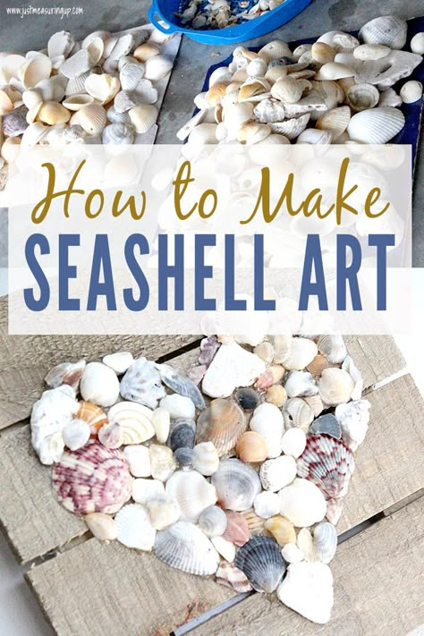 Make this easy DIY seashell wall hanging using shells from your family beach trip. It's an easy craft you can make for your home or as a diy gift - it's a wonderful way to remember a fun trip to the beach. #seashellcraft #beachcraft Beach Sea Shells Diy Ideas, Craft Ideas For Sea Shells, Decorating Ideas With Sea Shells, Diy Crafts With Seashells Ideas, Seashell Picture Frames Diy Shells, What To Do With Collected Seashells, Crafts Using Seashells Ideas, Art From Seashells, Ocean Shells Crafts Ideas