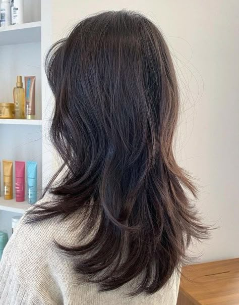 Layered Haircuts For Shoulder Length Hair, Lot Of Layers Haircut Medium, Medium Hair With Lots Of Layers, Hush Cut Thick Hair, Chest Length Hair With Layers, 3 Layer Haircut, Choppy Long Hair, Layered Hair Back, Choppy Layers With Bangs