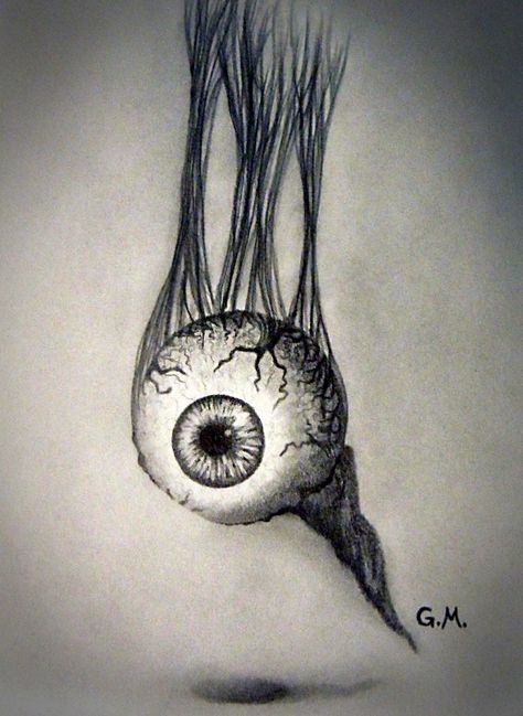 My drawing of a dangling eyeball. Pencil. Freehand, from imagination. Made using a mechanical pencil, compass, eraser pen and blending stump. Eyeball Drawing, Hard Drawings, Scary Eyes, Scary Drawings, Eyeball Art, Horror Drawing, Creepy Drawings, Ball Drawing, Pretty Drawings