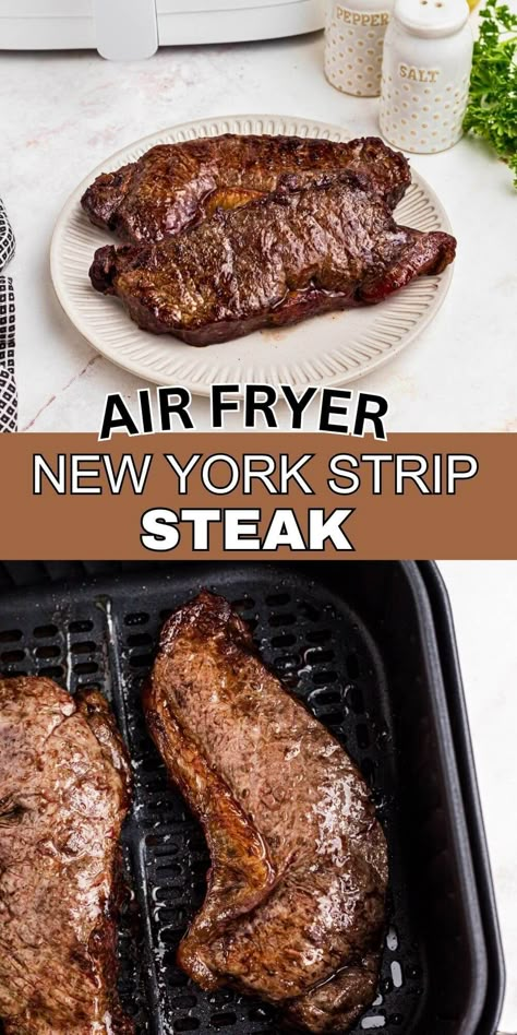 Making air fryer New York strip steak is the best way to get juicy steak in less than twenty minutes! You only need a few ingredients too! Strip Steak Air Fryer Recipes, Ninja Air Fryer Steak Recipes, Air Fry New York Steak, New York Steak Air Fryer Recipes, New Strip Steak Recipes, Air Fry Ny Strip Steak Recipes, Air Fry New York Strip Steak, Air Fry Strip Steak, Airfryer New York Strip Steak