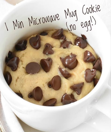 Satisfy your chocolate cravings with this amazing choc chip cookie in a mug! It only takes 1 minute to cook in the microwave. Microwave Cookie In A Cup No Egg, Mug Cookie Microwave No Egg, Chocolate Chip Cookie Mug Cake No Egg, Mug Cakes Chocolate Chip, Chocolate Chip Cookies Mug Cake, Small Snacks To Make At Home, Chocolate Chip Cookie In A Cup, Easy Stuff To Bake At Home, Mug Cookie No Egg