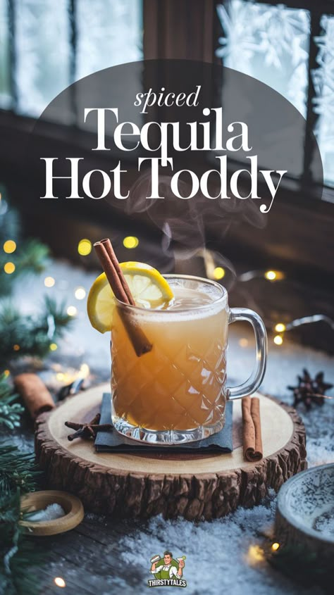 "Warm up with this delightful Spiced Tequila Hot Toddy Cocktail Recipe! Perfect for chilly evenings, this comforting drink combines smooth tequila with honey, cinnamon, and spices for a unique twist on the classic hot toddy. Ideal for cozy nights in or as a soothing beverage for colds, this hot toddy recipe is a must-try. Discover more cocktail recipes featuring tequila and elevate your drink game with this delicious hot toddy recipe." Tequila Hot Toddy, Hot Dr Pepper Recipe, Brandy Hot Toddy Recipe, Holiday Cocktails Tequila, Hot Toddy Recipe Whiskey, Hotty Toddy Drink, Cabin Cocktails, Christmas Beverages Alcoholic, Warm Alcoholic Drinks