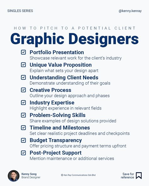 You have a potential client that is interested in your service. How do you pitch to potential clients so they feel assured about hiring you? This checklist can help streamline the pitch and communicate value efficiently.  Follow @kenny.kenray for more tips in branding and design. #businessofdesign #designbusiness #graphicdesigning #graphicdesign #graphicdesigner #graphicdesigntips #creative #creativity #creatives #creativeindustry #creativelife #freelancer #freelancerdesigner #clientexperi... Graphic Design Prices, Graphic Design Checklist, Hr Analytics, Business Infographic Design, Graphic Design Courses, Styling 101, Marketing Portfolio, Mind Art, Designer Board