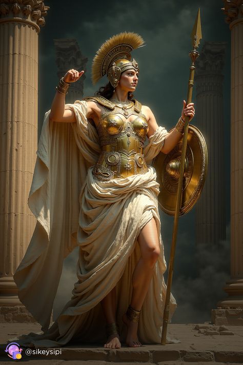 With an aura of courage and command, this warrior embodies the spirit of protection and heroism. Ready to defend her realm with both sword and shield, she is the epitome of valor. #BattleMaiden #DefenderOfRealms #MythicHeroine #ValorAndStrength #EpicWarrior #AncientHeroism #TimelessProtection Warrior Princess Art, Amazon Warriors, Greek Goddess Art, Roman Warriors, Amazon Warrior, Greek Warrior, Roman Gods, Greek Gods And Goddesses, Female Character Concept