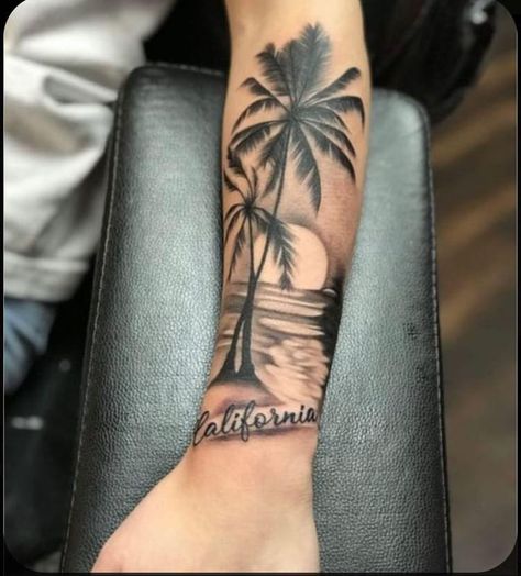 Vespa Tattoo, California Tattoo Ideas, Spin Tattoo, Keys Tattoo, African Sleeve Tattoo, Palm Tree Tattoos, Tree Tattoo Arm, Family Tattoos For Men, Beach Tattoos