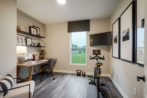 Utility Gym Room, Office In Utility Room, Basement Office Workout Room, Office Treadmill Room, Loft Workout Space, Small Office And Workout Room, Half Office Half Workout Room, Small Gym And Office Room Ideas, Small Gym Office Combo Work Spaces