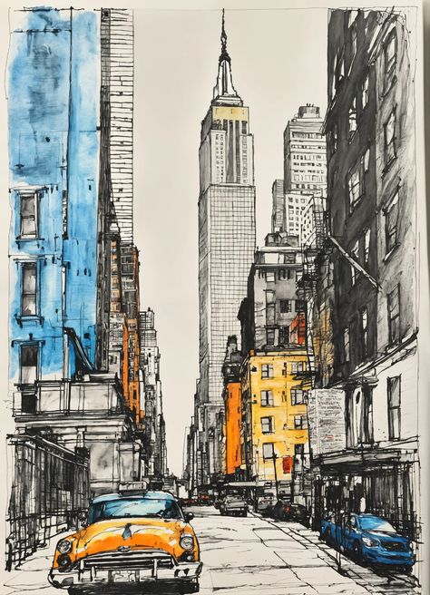 Lexica - Beautiful pen and ink sketch of New York City, minimalist, colored Drawing A Cityscape, Modern City Sketch, New York Landscape Drawing, New York Sketchbook, City Pen Drawing, New York Sketch Easy, Easy Urban Sketching, New York City Drawing Sketches, City Drawing Sketches