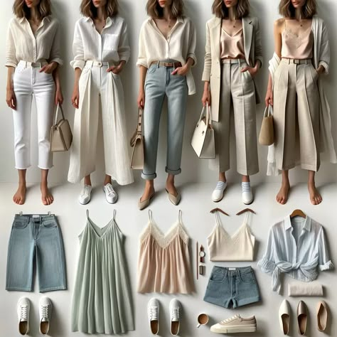 Capsule Wardrobe Looks, Neutral Outfit Ideas Women, Soft Summer Business Outfits, Soft Autumn Summer Capsule, Capsule Wardrobe 50 Year Old, Soft Summer Casual Outfits, Soft Summer Outfits Inspiration Style, Soft Summer Fashion Outfit Ideas, Soft Summer Aesthetic Outfits