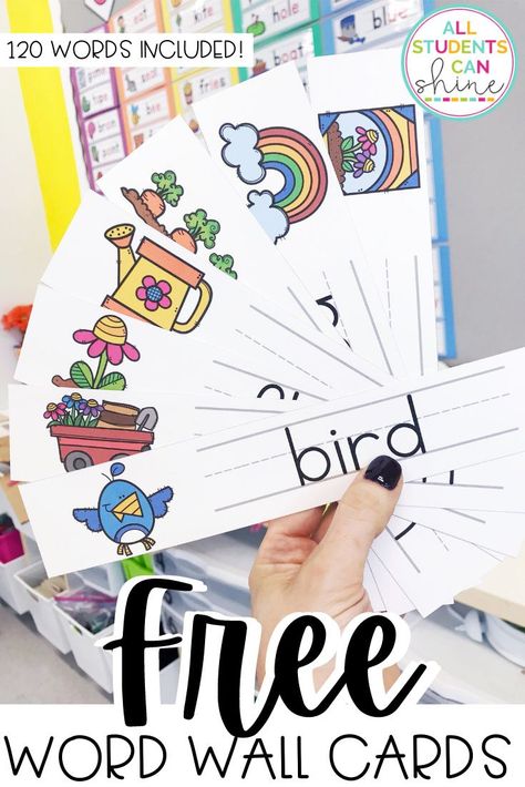 Looking for a classroom freebie that will simplify your writer's workshop and writing center in primary grades? These free word wall cards cover a lot of common seasonal words, and there are 120 words total! Spring Word Wall Words Free, Word Wall Preschool Free Printables, Word Wall Printables Free, Prek Word Wall Ideas, Writing Center Bulletin Board Preschool, Free Word Wall Printables, Preschool Focus Wall Printables Free, Classroom Word Wall Ideas, Word Wall For Preschool