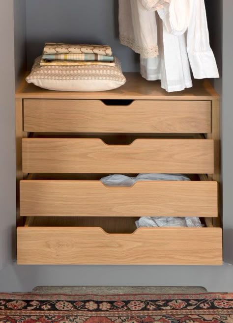 Chest Of Drawers In Wardrobe, Cupboard Drawers Ideas, Wardrobe With Drawers Below, Drawers In Wardrobe, Oak Wardrobe Bedroom, Wardrobe Drawer Design, Drawer Design Bedroom, Oak Drawers, Wardrobe With Drawers