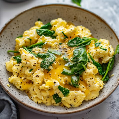 Scrambled Eggs with Cheese and Sautéed Spinach Eggs Spinach Breakfast, Eggs And Spinach Recipes, Eggs With Spinach Breakfast, Spinach Recipes Breakfast, Egg Spinach Breakfast, Egg And Spinach Breakfast, Spinach Scrambled Eggs, Simple Egg Recipes, Eggs And Spinach