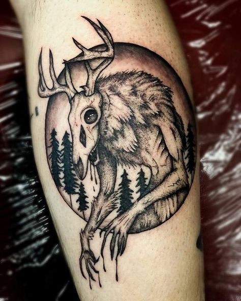 Small Cryptid Tattoo, Traditional Cryptid Tattoo, Forest Neck Tattoo, Unsettling Tattoo Ideas, Cryptic Tattoo Ideas, Urban Legend Tattoo, Cute Cryptid Tattoo, Necromorph Tattoo, Wendigo Tattoo Ideas