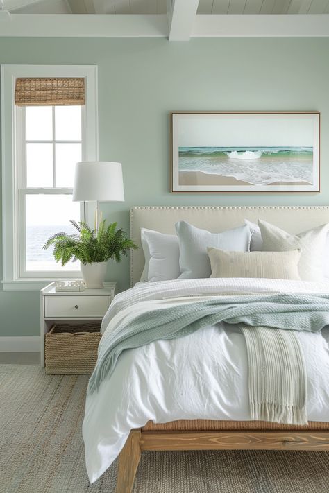 31 Sage Green Bedroom Ideas Green White Room Ideas, Calm Blue Green Bedroom, Soothing Master Suite, Light Green Coastal Bedroom, Seafoam Green Bedroom Walls, Light Sage Green Bedroom Walls, Light Sage Bedroom Ideas, Sage And Ivory Bedroom, Natural And Green Bedroom