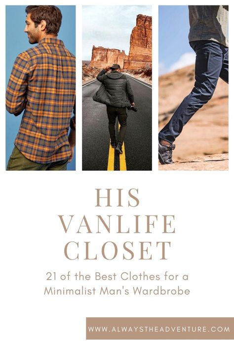 What are the best clothes for vanlife? What does a man's minimalist closet look like? #vanlife #vanlifediaries #vancrush #campervan #homeonwheels #vanconversion  #vanlifeproject #campervanliving #vanlifeadventures #camperlife #sprintervan Van Closet, Wardrobe For Men, Minimal Clothing, Minimalist Closet, Minimalist Men, Van Living, Man Clothing, Camper Life, Sprinter Van