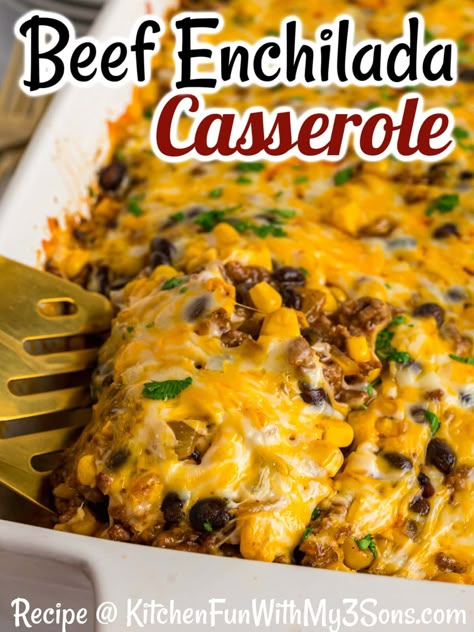 With ingredients like ground beef, enchilada sauce, beans, corn, and tortillas, this Easy Beef Enchilada Casserole recipe offers all the great flavors of classic enchiladas with none of the work. Perfect for busy weeknights! #groundbeefrecipes #easycasseroles #texmexrecipes Ground Beef Recipes For Dinner Easy Mexican Enchilada Casserole, Hamburger Meat Enchilada Casserole, Enchilada Casserole Turkey, Ground Pork Enchiladas Easy, Beef Enchilada Crockpot Recipes, Ground Beef Corn Recipes, Beef And Bean Recipes, Beef Enchiladas With Red Sauce Casserole, Quick Easy Mexican Meals