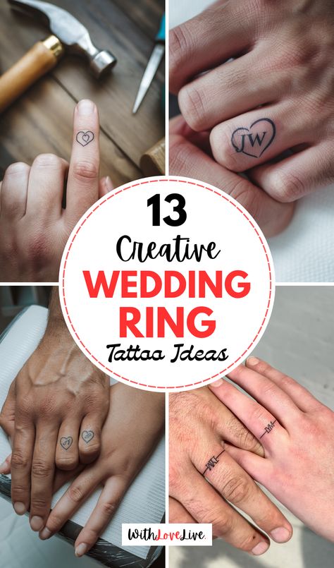 Embrace a new way to celebrate love with wedding ring tattoos! Our article showcases amazing designs that speak to your unique bond. Perfect for couples looking for something different! Browse through our ideas and don’t forget to save this pin for your tattoo journey! Mariage Tattoo Ideas, Tattoo Wedding Rings For Women, Ring Tattoos For Couples Marriage, Best Couple Tattoos Unique, Tattoo Wedding Ring, Ring Tattoos For Couples, Ring Tattoo Wedding, Wedding Ring Tattoo Ideas, Couple Ring Finger Tattoos