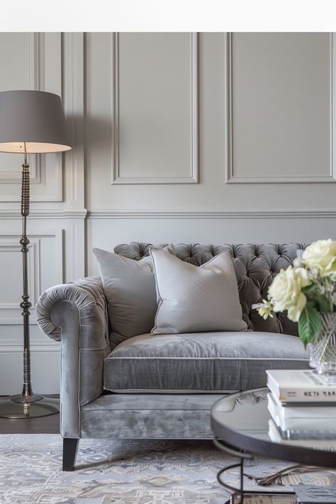 19 grey couch living room ideas Silver Gray Sofa, Gray Velvet Sofa Living Room Bohemian, Gray Velvet Sofa Living Room Luxe, Sofa Silver Grey, Grey Tufted Couch, Grey Couch Living Room Ideas, Dreamy Lighting, Couch Living Room Ideas, Dreamy Living Room