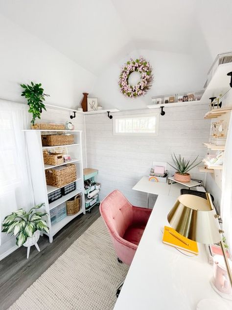 Transforming a Backyard Shed into a Design Studio Small She Shed Interiors, Tiny Home Sheds, Inside She Shed Ideas, Shed Home Office Ideas, Shed Office Interior, She Shed Craft Room Ideas, Shed Interior Design Ideas, She Shed Interior Ideas, She Shed Craft Room