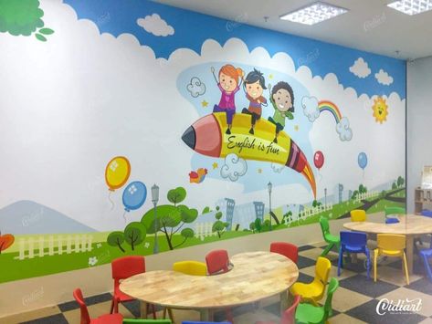 School Wall Art Ideas Classroom, Classroom Walls Paint, School Wall Art Ideas, School Wall Decoration, Playroom Mural, Nursery Wall Painting, Kindergarten Interior, Kids Nursery Art, Daycare Decor