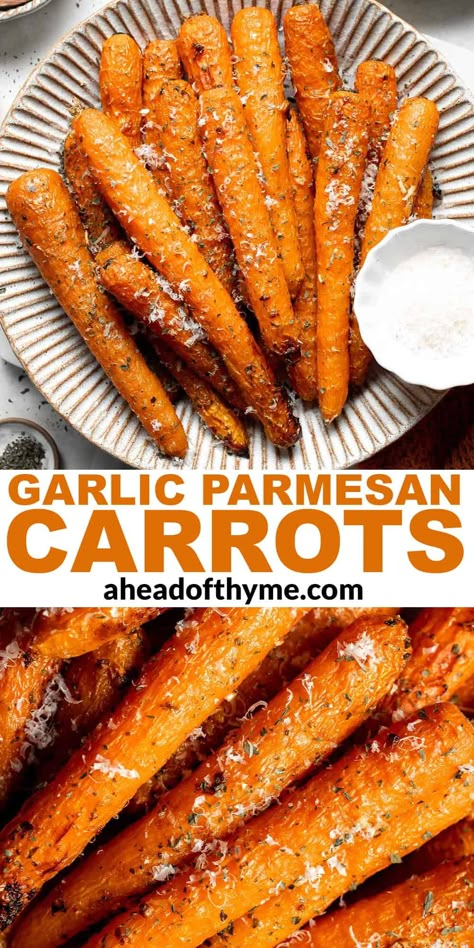 Garlic Parmesan Roasted Carrots Savory Cooked Carrots Recipe, Garlic Parmesan Carrots Roasted, Carrots With Parmesan Cheese, Easy Veg Side Dishes, Holiday Carrots Recipe, Carrot Baked Recipes, Roasted Carrots Parmesan, Roasted Carrots With Parmesan Cheese, Garlic Parm Carrots