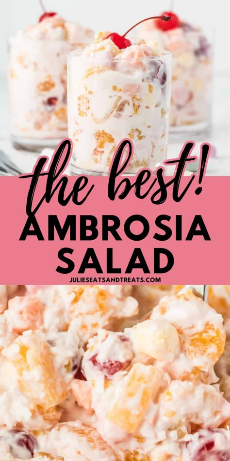 Classic Ambrosia Salad is a recipe that is a staple from childhood. It is an an easy, five ingredient fruit salad recipe that's made with sour cream, coconut, mandarin oranges, pineapple, and mini marshmallows that can also be called 5 cup salad. Hawaiian Salad Recipes, Hawaiian Fruit Salad, 5 Cup Salad, Ambrosia Salad Recipe, Marshmallow Salad, Jello Fruit Salads, Fruit Salad With Marshmallows, Ambrosia Recipe, Ambrosia Fruit Salad