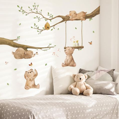 PRICES MAY VARY. The elements contain 4 brown bears playing in the forest, butterflies, birds, branches, fallen leaves and honey. Easy and cute wall decoration for your children. Material: Vinyl. Non-toxic, environmental protection, waterproof. Easy to apply, remove and reuse without leaving damage or residue. Very easy to assemble and great focal point in your kids room, baby nursery, playroom, classroom, baby girls and boys room. It can be stuck to walls, furniture, tiles, mirrors and windows, Baby Nursery Murals, Nursery Wall Painting, Teddy Bear Nursery, Tree Branch Wall, Nursery Mural, Room Wall Painting, Baby Room Wall, Baby Room Inspiration, Bear Nursery