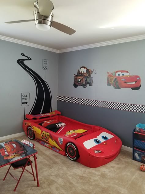 Disney Car Bedroom Ideas, Lightning Mcqueen Room Decor, Lighting Mcqueen Room Ideas, Closet Turned Dog Room, Cars Room Decor Boys, Car Theme Bedroom Boys, Disney Cars Room Decor, Lightning Mcqueen Nursery, Cars Theme Bedroom Boys