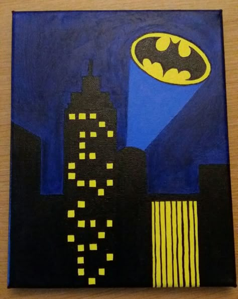 Batman Paintings On Canvas, Batman Hoco Poster, Batman Senior Parking Spot, Batman Logo Painting, Batman Signal In The Sky, Batman Parking Spot, 4 Square Painting Ideas, Batman Painting Ideas, Batman Easy Painting