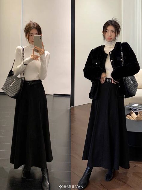 Floral Skirt Korean Outfit, Black Skirt Classy Outfit, Work Outfit Long Skirt, Winter Long Black Skirt Outfit, Black Outfit Korean Casual, Korean Outfits Long Skirt, Long Black Skirt Outfit Winter Korean, Black Long Skirt Outfit Korean, Black Skirt Modest Outfit