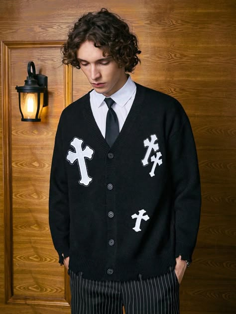 Cardigan à épaules tombantes avec broderie croix pour hommes, pour Halloween, école Noir Casual  Manches longues Laine peignée Géométrique  Extensibilité légère  Men Clothing, size features are:Bust: ,Length: ,Sleeve Length: Button Up Shirt And Sweater Outfit, Men In Cardigans Aesthetic, Fancy Fits Men, Halloween Fits Men, Cardigan Fits Men, How To Style A Black Cardigan, Men’s Cardigan Sweater Outfit, Cardigan Outfit Men Street Styles, Dressy Casual Outfits Men