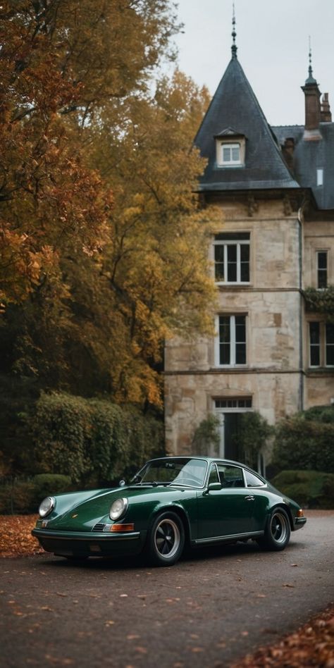 Old Money Porsche Wallpaper, Fall Cars Wallpaper, Vintage Green Porsche, Green Porsche Cayenne, Old Money Cars Wallpaper, Olive Green Cars, Old Porsche Wallpaper, Retro Cars Aesthetic, Green Porsche Wallpaper