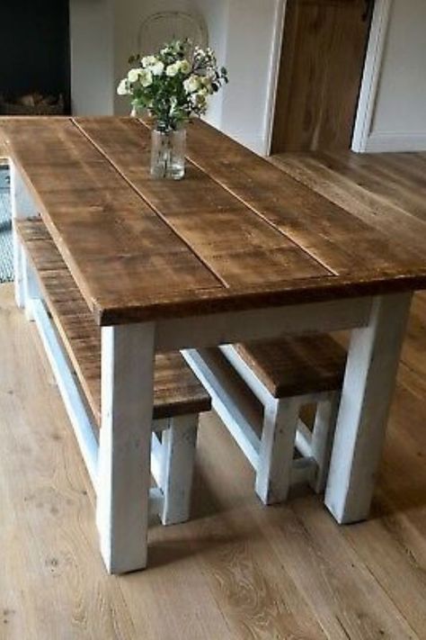 Farmhouse Table Bench, Diy Cozinha, Farmhouse Table With Bench, Rustic Kitchen Tables, Wooden Kitchen Table, Diy Dining Room Table, Diy Kitchen Table, Rustic Farmhouse Table, Farmhouse Style Table