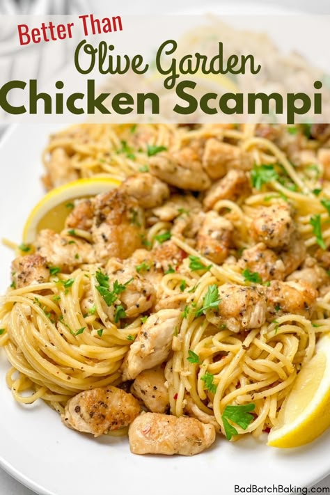 Olive Garden Chicken Scampi, Chicken Scampi Pasta, Chicken Scampi Recipe, Crispy Honey Chicken, Batch Baking, Chicken Scampi, Olive Garden Chicken, Scampi Pasta, Italian Feast