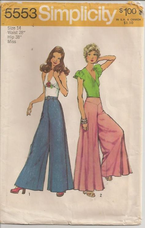 Simplicity 5553; ©1973; Junior Petites' and Misses' Wide Leg Pants: The pants V. 1 have back zipper, waistband and self-fabric buckled belt. The pants V. 2 have back zipper and shaped yoke. Pant legs V. 2 are wide than pant legs V. 1. Palazzo Pants Pattern, 70s Mode, 70s Sewing, Wide Leg Pants Pattern, 60s Vintage Fashion, 70s Sewing Patterns, Pants Patterns, 70s Pants, Vintage Vogue Sewing Patterns