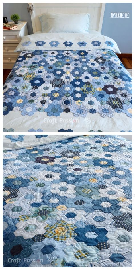 DIY Modern Hexagon Flower Quilt Duvet Free Sewing Pattern Hexagon Flower Quilt, Blue And White Quilts, Hexie Quilts Patterns, Grandmothers Flower Garden Quilt, Hexagon Quilt Pattern, Flower Quilt Patterns, Quilt Duvet Cover, Diy Sy, Hexagon Patchwork